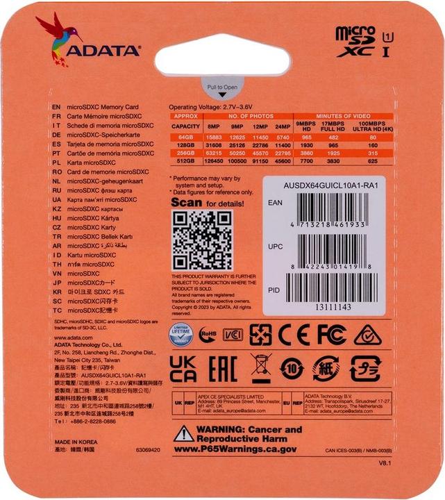 Actual product image Adata Premier Flash memory card (microSDXC to SD adapter included) (64 GB, microSDXC, U1, UHS-I)