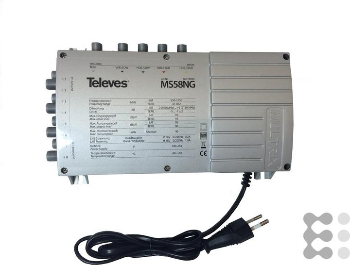 Actual product image Televes MS58NG. Product colour: Grey. Connector: F. Width: 204 mm, Depth: 57 mm, Height: 130 mm. Dimensions (Multi switch)