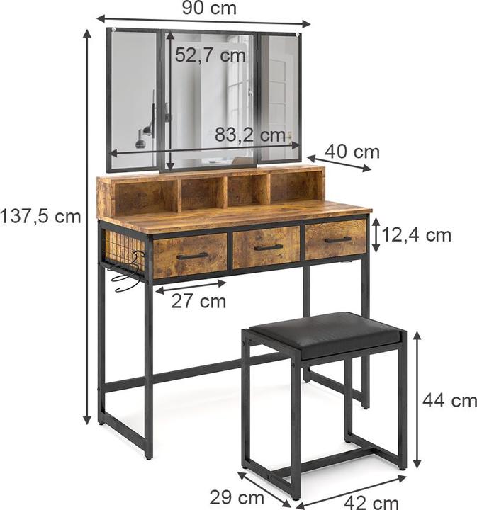 Produktbild Vichy Schminktisch Fyrk, Eiche rustikal, 90 cm mit Hocker und LED-Spiegel (90 x 40 x 137.5 cm)