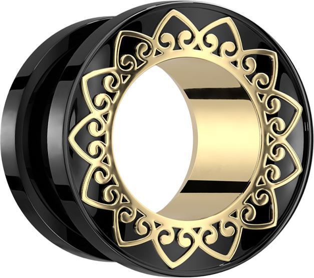 Star Piercing Flesh Tunnel schwarz goldenem Innenteil und Herzen (ohne Messing, Chirurgenstahl 316L)