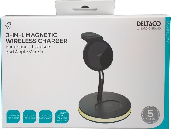Actual product image Deltaco 3-in-1 magnetinis belaidis įkroviklis, telefonas/TWS/laikrodis, LED lemputė / QI-1041 (18 W)