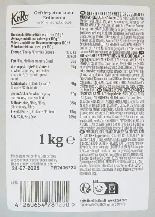 Valori nutrizionali e ingredienti KoRo Fragole liofilizzate in cioccolato al latte (1000 g)