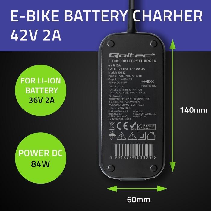 Produktbild Qoltec Ladegerät für E-Bike 36V 42V 2A 5.5x2.1 (E-Bike Akku)
