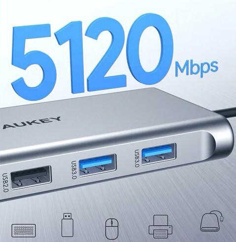 Actual product image Aukey aluminiowy Hub USB-C | 10w1 | RJ45 Ethernet 10/100/1000Mbps | 4xUSB | HDMI 4k@30Hz | SD i micr (USB-C, 4 Ports)