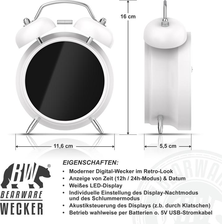 Produktbild Bearware Wecker digital, rund, Lichtring, Retro, lauter Glockenalarm, Zeit und Datum, Beleuchtet, ohne Ticken