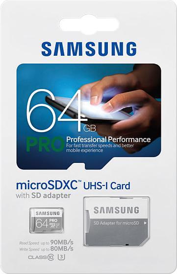 Produktbild Samsung microSDXC Pro mit Adapter (64 GB, microSDXC, U3, UHS-I)