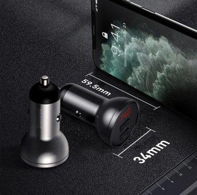 Produktbild Baseus Digital Display Dual USB 4.8A Car Charger 24W Grey