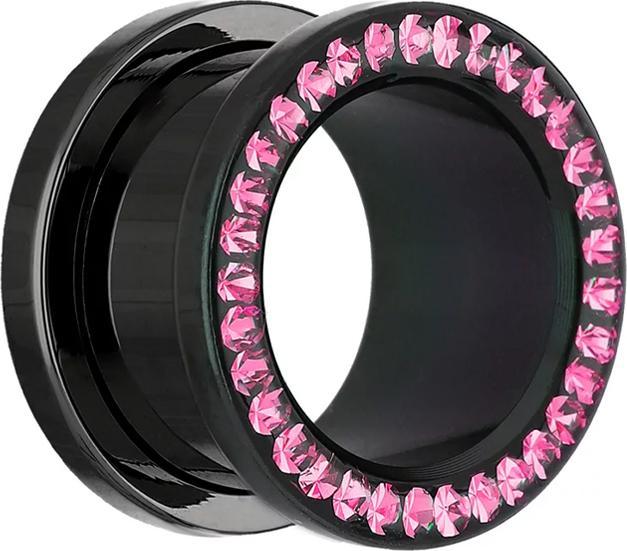 Star Piercing Flesh Tunnel schwarz mit Kristall pink und Epoxy Schutzschicht (Chirurgenstahl 316L, ohne Messing)