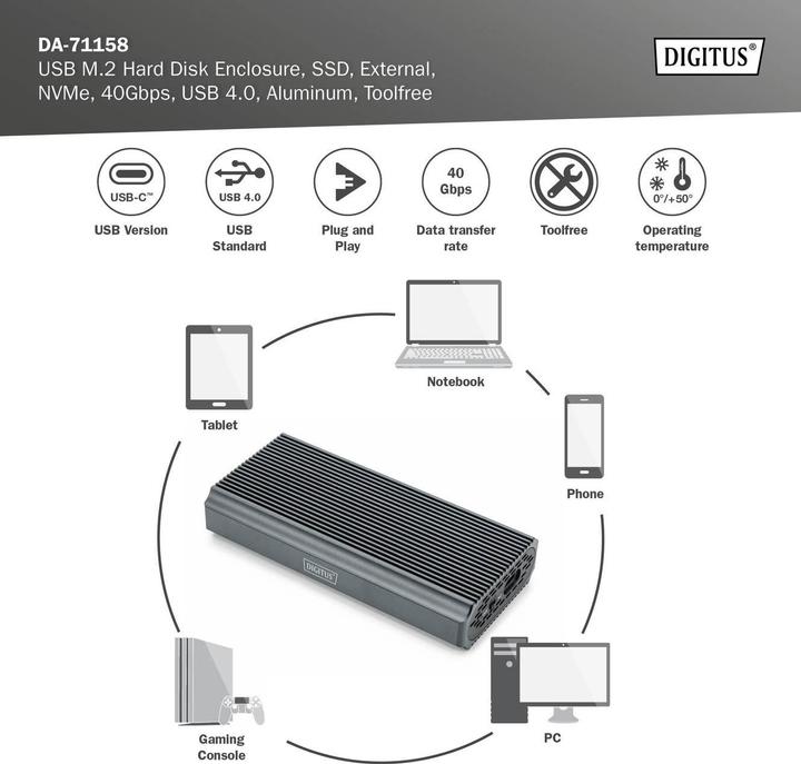 Immagine prodotto Digitus Alloggiamento per disco rigido USB M.2, SDD, esterno, NVMe, 40Gbps, USB 4.0, alluminio, senza attrez (M.2 2280, M.2 2230, M.2 2260, M.2 2242)