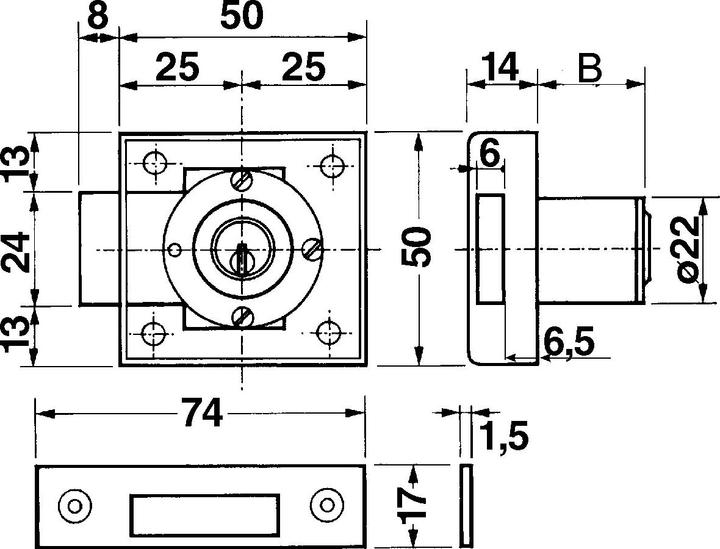 Produktbild Kaba Aufschraub-Riegelschlösser Typ 1074 mit Schlüssel
