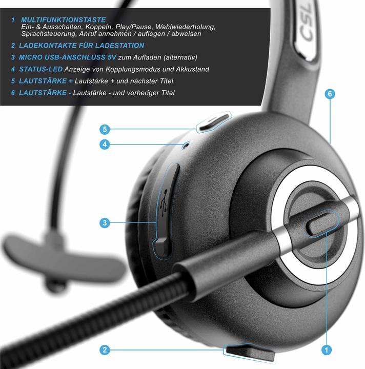 Produktbild CSL Kabelloses Headset, Wireless Mono Bluetooth Kopfhörer mit flexiblem Mikrofon, Ladestation,Multipoint (Kabellos)