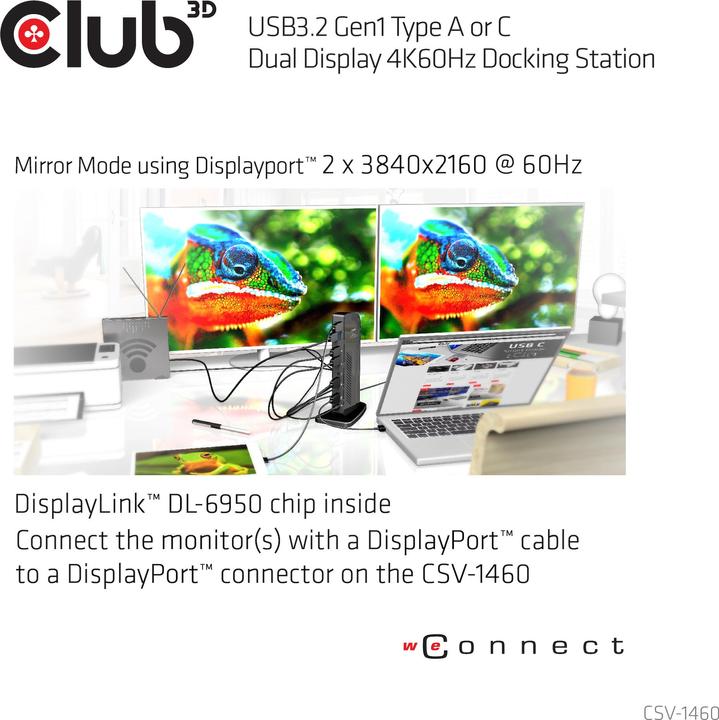 Produktbild Club 3D Dual Display Docking Station 4K60Hz (USB-B, 2 Ports)