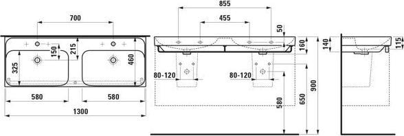 Actual product image Laufen Meda double washbasin, undermountable, 1300x460mm, 3 tap holes per basin, with overflow (1400 mm, 240 mm)