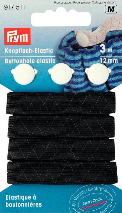 Image du produit Prym Elastique pour boutonnière avec 3 boutons doubles de linge, noir 12 mm, carte 3 m, bouton 12 mm