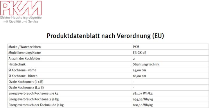 Nutritional values and ingredients PKM Einbau-Kochfeld EB-GK-2R