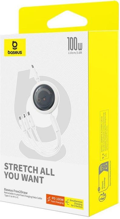 Actual product image Baseus Fast Charging Cable 3in1 Free2Draw USB-C to USB-C/Lightning/Micro 100W, 1.1m (white) (1.10 m, USB 3.2 Gen 1, 100 W)