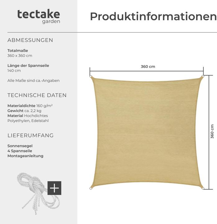 Produktbild tectake Sonnensegel (360 x 360 cm)