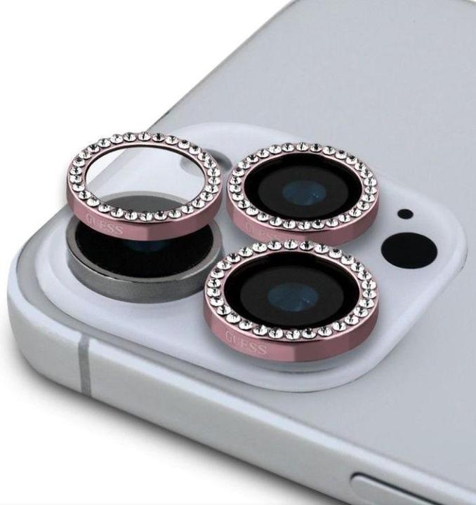 Produktbild Guess Fixed Glliter Protective Lens für Apple iPhone 16 Pro, 16 Pro Max - pink (1 Stück, Apple iPhone 16 Pro, Apple iPhone 16 Pro Max)