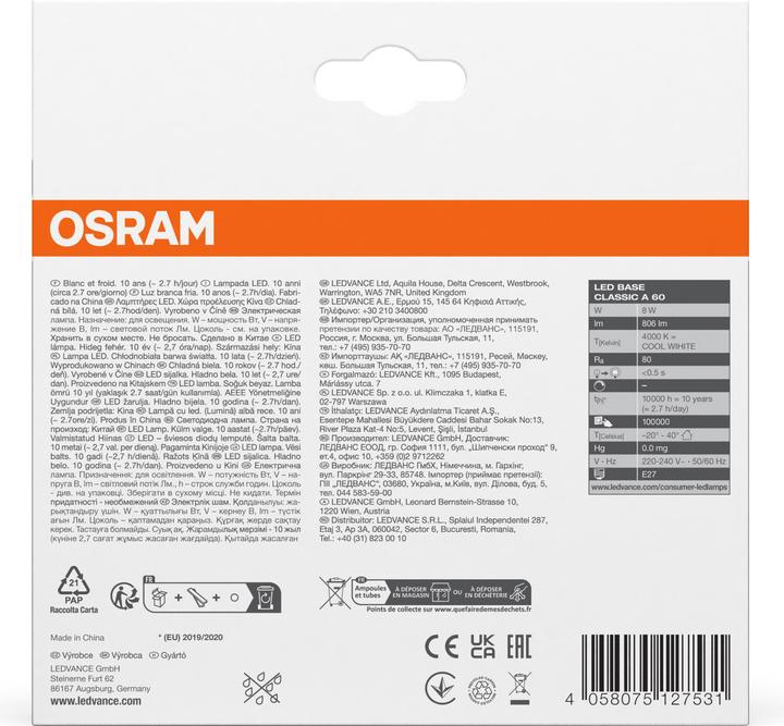 Image du produit Osram Led Base Classic A (E27, 8.50 W, 806 lm, 3 x, F)