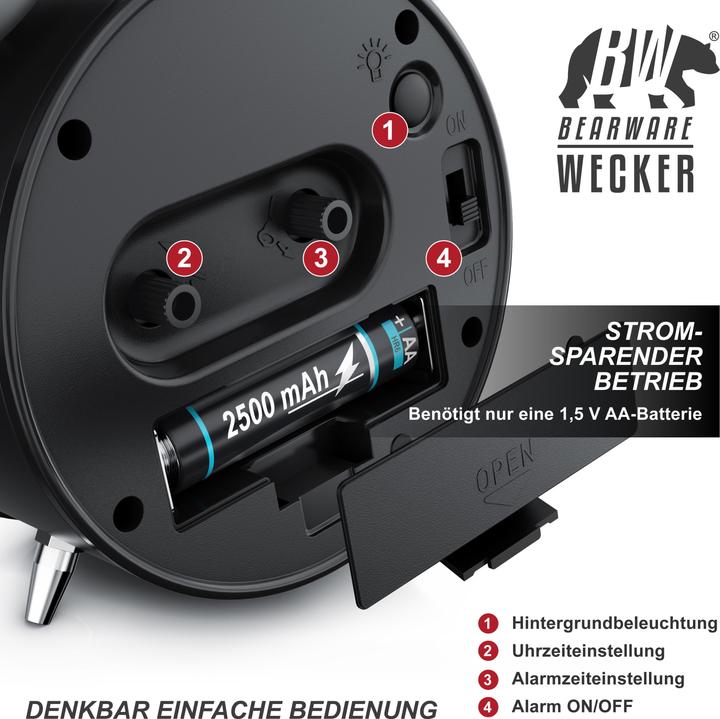 Image du produit Bearware Wecker analog, rund, mit Licht, Retro, lauter Glockenalarm, Beleuchtet, Vintage, ohne Ticken