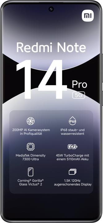Produktbild Xiaomi Redmi Note 14 Pro 5G (256 GB, Midnight Black, 6.67", Dual SIM, 200 Mpx, 5G)