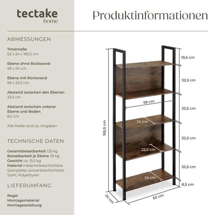 Produktbild tectake Regal Westport 62x24x165,5cm (62 x 24 x 165.5 cm)