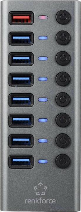 Produktbild Renkforce RF-HUB-380 8 Port USB 3.2 Gen 1-Umschalter + Hub (USB 3.0) mit Aluminiumgehäuse Silber-Sc (USB-A, 8 Ports)