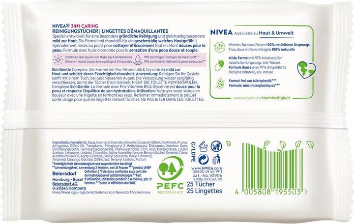 Valeurs nutritives et ingrédients NIVEA Lingettes nettoyantes nourrissantes 3en1 (Chiffons de nettoyage, 25 ml)