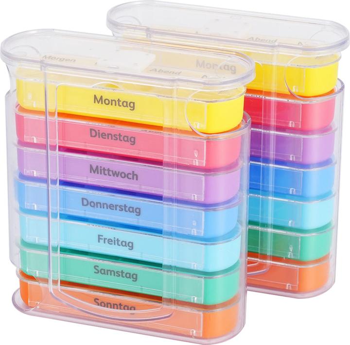 Actual product image Casativo 4er-Set bunte Medikamenten-Boxen für 7 Tage, je 4 Tabletten-Fächer, beschriftet