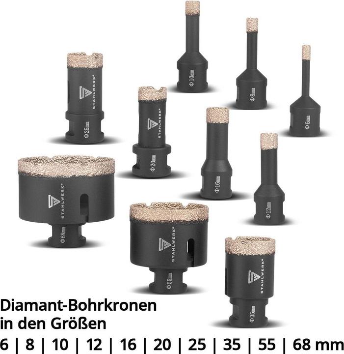 Produktbild Stahlwerk Diamant-Bohrkronen 10er Set 6-68 mm M14 für Winkelschleifer (68 mm)