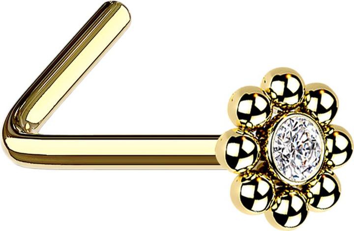 Star Piercing Nasenstecker gewinkelt vergoldet Blume mit Kugeln und Kristall (Chirurgenstahl 316L, ohne Messing)