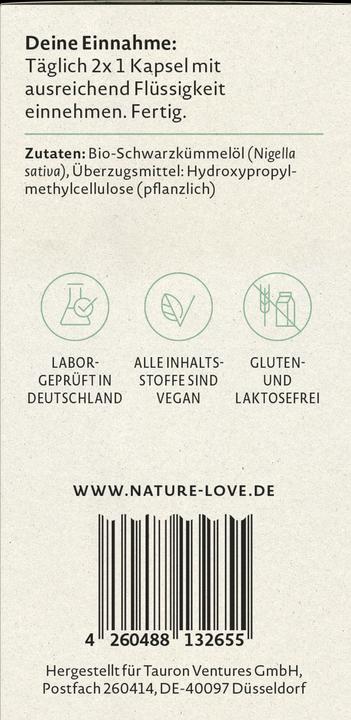 Valori nutrizionali e ingredienti Nature Love Olio di cumino nero (120 Pezzo/i, Pillole, 71 g)