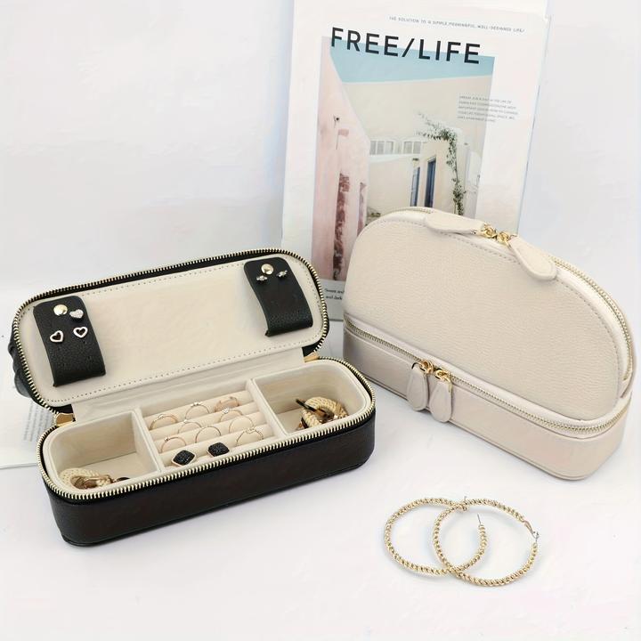 Immagine prodotto Only-Bags.Store Borsa per il trucco a doppio strato di grande capacità, portagioie di colore solido in pelle PU