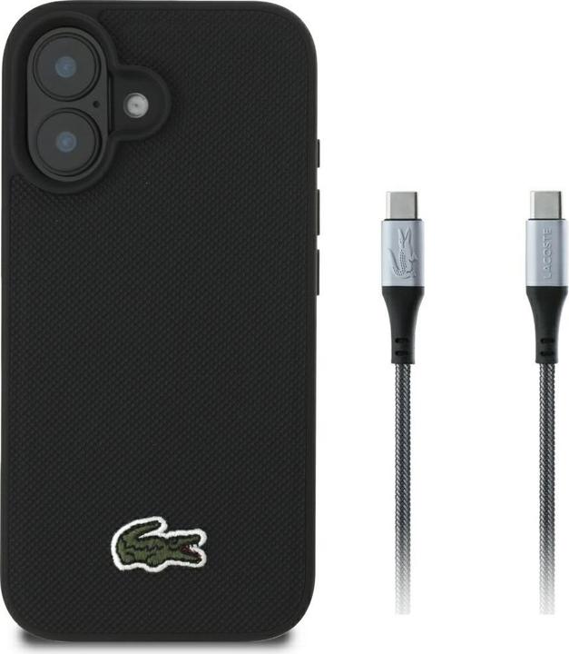 Actual product image Lacoste Set 2in1 Case + Cable USB-C Iconic Petit Pique Woven MagSafe for iPhone 16 black (Apple iPhone 16)