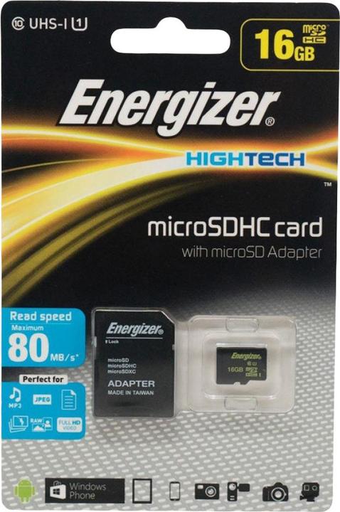 Immagine prodotto Energizer High Tech 16GB Micro SDHC con adattatore Fino a 80 MB/sec Fino a 10 MB/sec (16 GB, microSDHC)