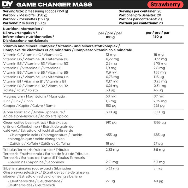 Nährwerte und Zutaten DY Nutrition Game Changer Mass (Erdbeere, 3000 g)