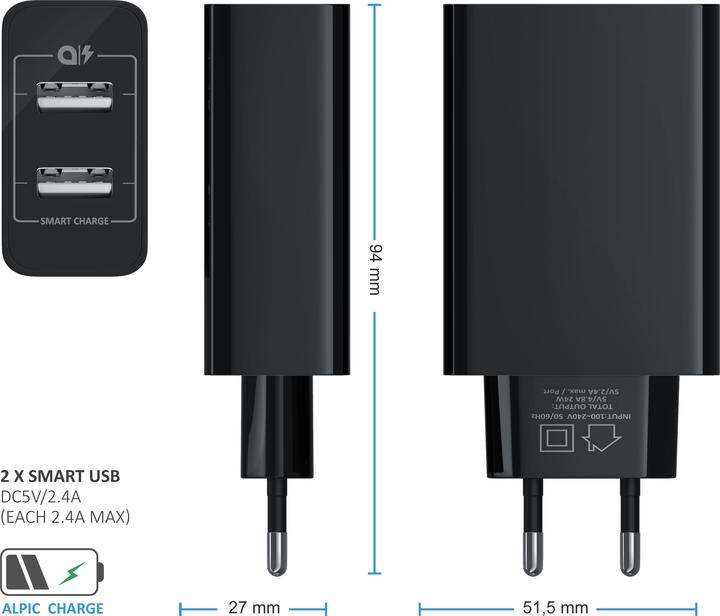 Actual product image Aplic USB charger 4800 mA, 2 port adapter with Smart Charge + Solid Charge, powerful 24W, black (24 W)