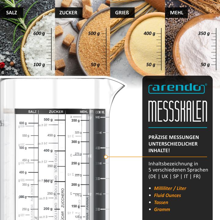 Produktbild Arendo Messbecher 500 ml aus Glas, 0,5 L, luftdicht, Bambusdeckel, Silikondichtung für Mehl, Zucker uvm. (500 ml)