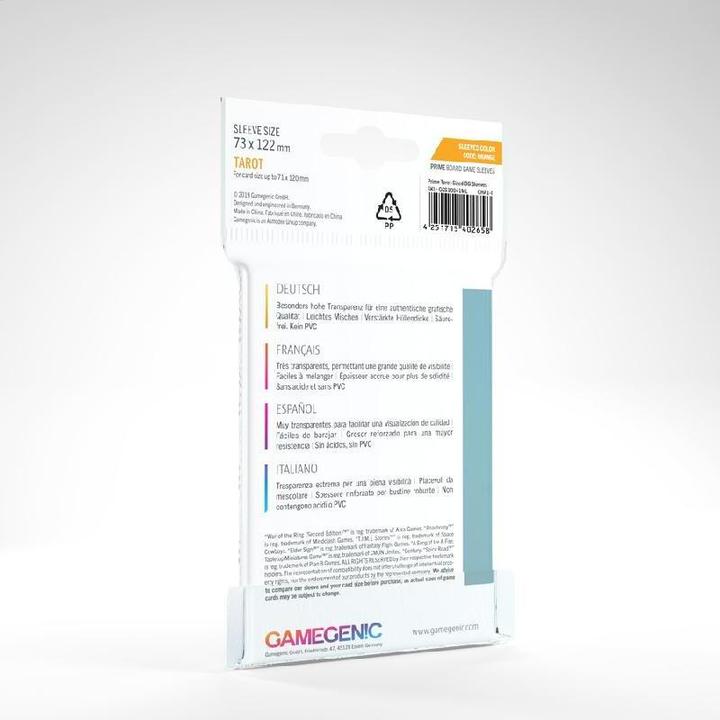 Actual product image Gamegenic GGS10041 - Prime Tarot-Sized Sleeves 73 x 122 mm - Transparent (50 Sleeves)
