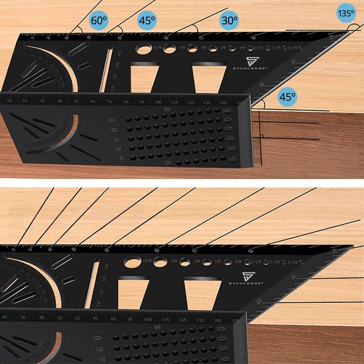 Produktbild Stahlwerk 2er Set Gehrungswinkel-Lineal mit Anschlag und Bohrlehre 3D-Winkel Gehrmass