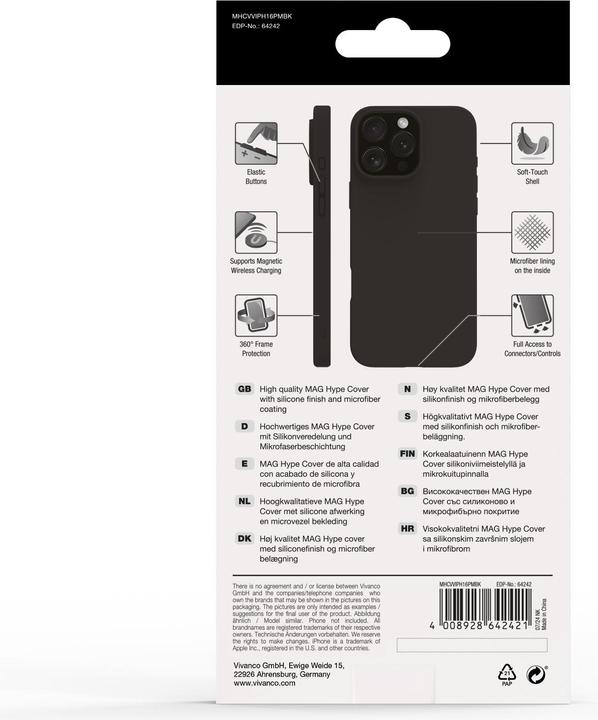 Immagine prodotto Vivanco MAG HYPE Cover per iPhone 16 Pro Max, nero, supporto MagSafe (Apple iPhone 16 Pro Max)