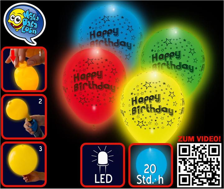 Tib Ballon LED, Happy Birthday 4 Stück im Beutel, ø 23 cm, Leuchtdauer ca. 20 Std. (4 x)