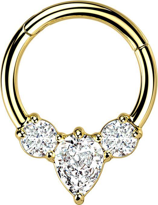 Produktbild Star Piercing Micro Segmentring klappbar vergoldet Tropfen zwei runde Kristalle silber (Chirurgenstahl 316L, ohne Messing)