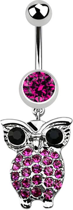 Star Piercing Banane silber mit Anhänger Eule und grossen Augen fuchsia (Chirurgenstahl 316L, ohne Messing)