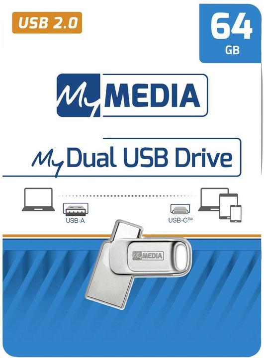 Produktbild MyMedia USB 2.0 OTG Stick 64GB, Typ A-C, My Dual, silber (64 GB, USB-A, USB-C)