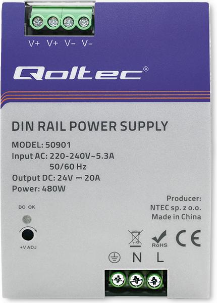Produktbild Qoltec 50901 Industrielles DIN-Schienen-Netzteil | 480W | 24V | 20A (480 W)