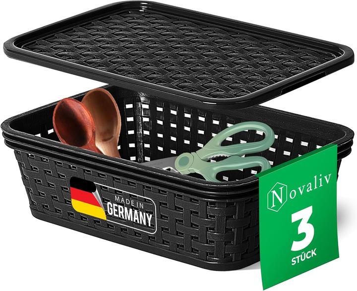 Produktbild Novaliv 3er Set Aufbewahrungsbox mit Deckel Küche 1L Schwarz Kunststoff Rattan-Optik Küche Aufbewahr (1 l)