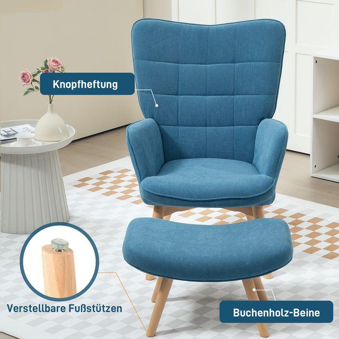 Produktbild Swisshandel24 Sessel mit Hocker, Ohrensessel mit Hoher Rückenlehne, Holzbeine, Cord, Blau