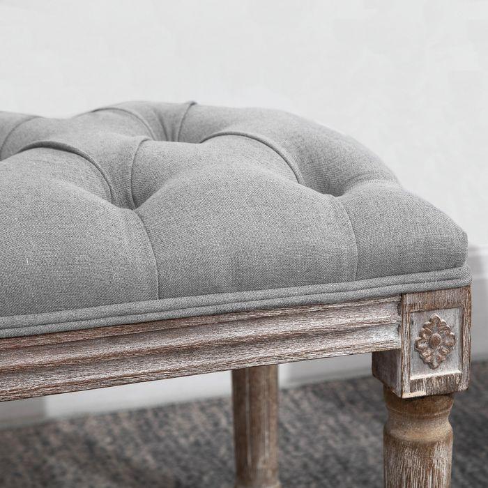 Produktbild Swisshandel24 Polsterbank Grau Sitzbank Vintage Bettbank mit Knöpfen Gummiholz Leinen 142 x 47 x 51 cm (81 cm)