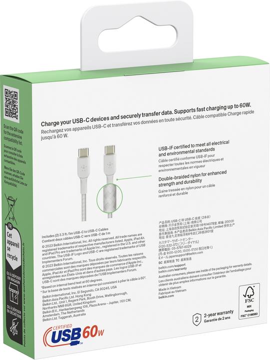Productafbeelding Belkin USB-C naar USB-C gevlochten PVC 1m Twin Pack (1 m, USB 2.0, 60 W)